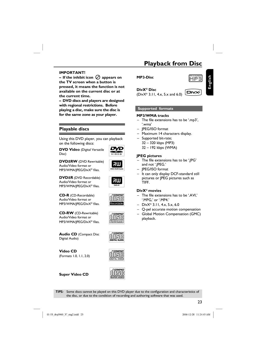 Philips DVP3960 manual Playback from Disc, Playable discs, Supported formats 