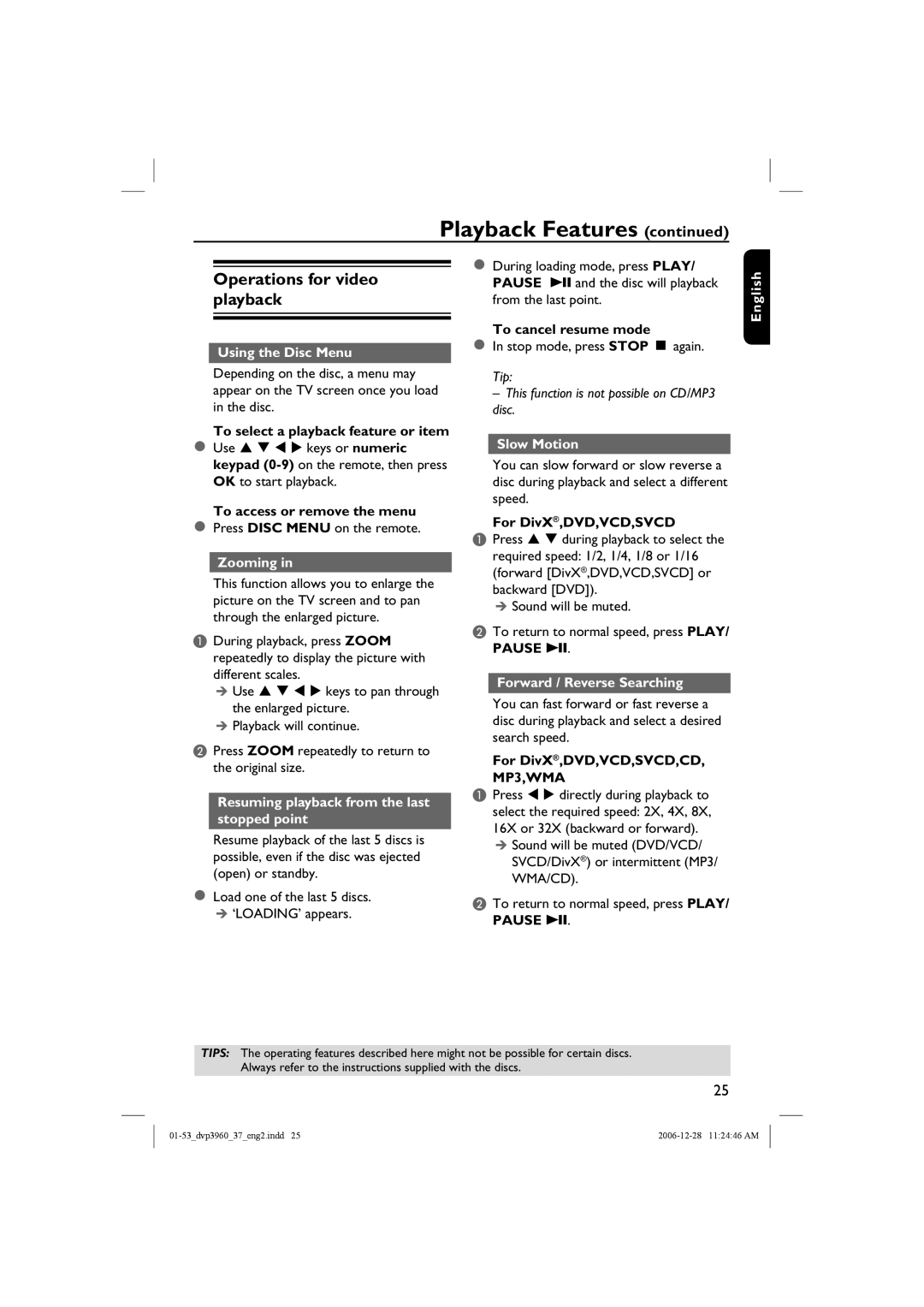 Philips DVP3960 manual Operations for video playback 