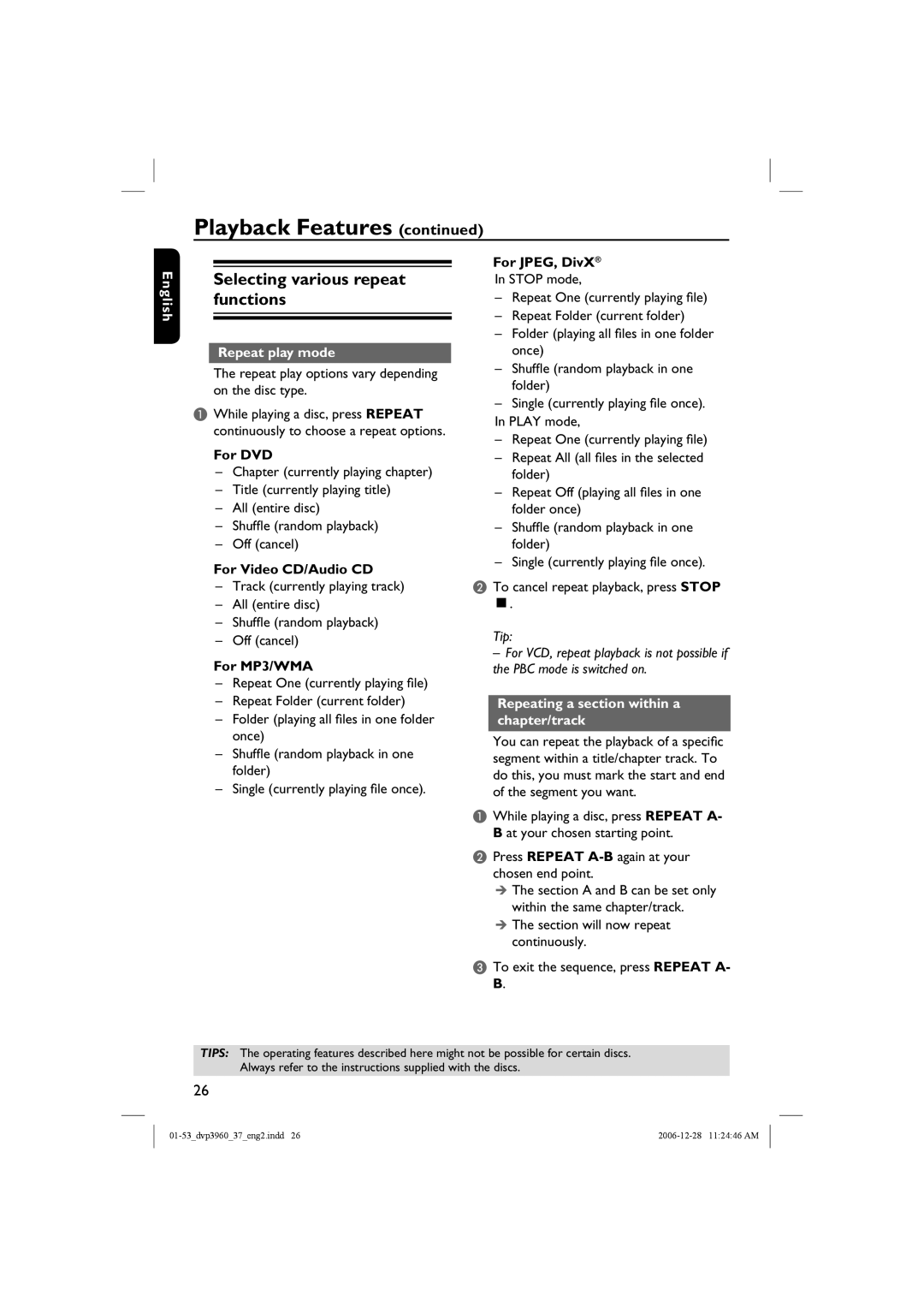 Philips DVP3960 manual Selecting various repeat functions, Repeat play mode, Repeating a section within a chapter/track 