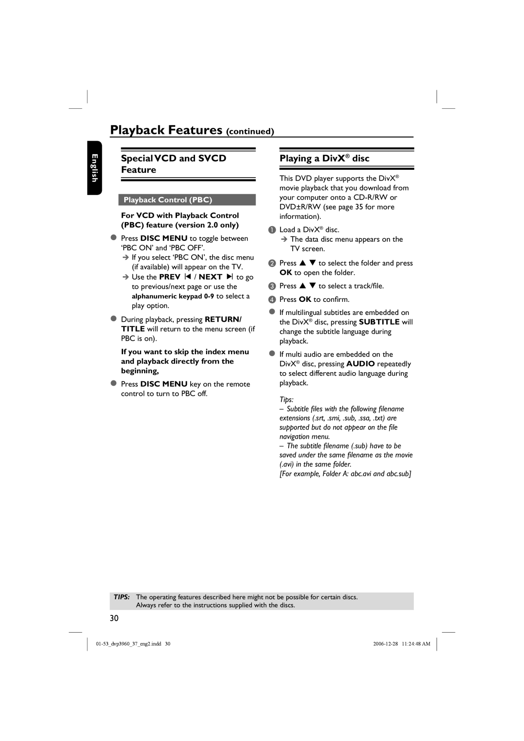 Philips DVP3960 manual Special VCD and Svcd Feature, Playing a DivX disc, Playback Control PBC 