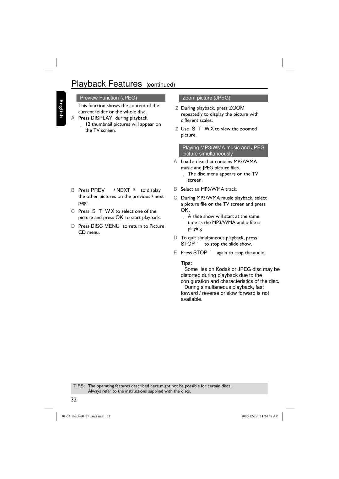 Philips DVP3960 manual English Preview Function Jpeg, Press Disc Menu to return to Picture CD menu, Zoom picture Jpeg 