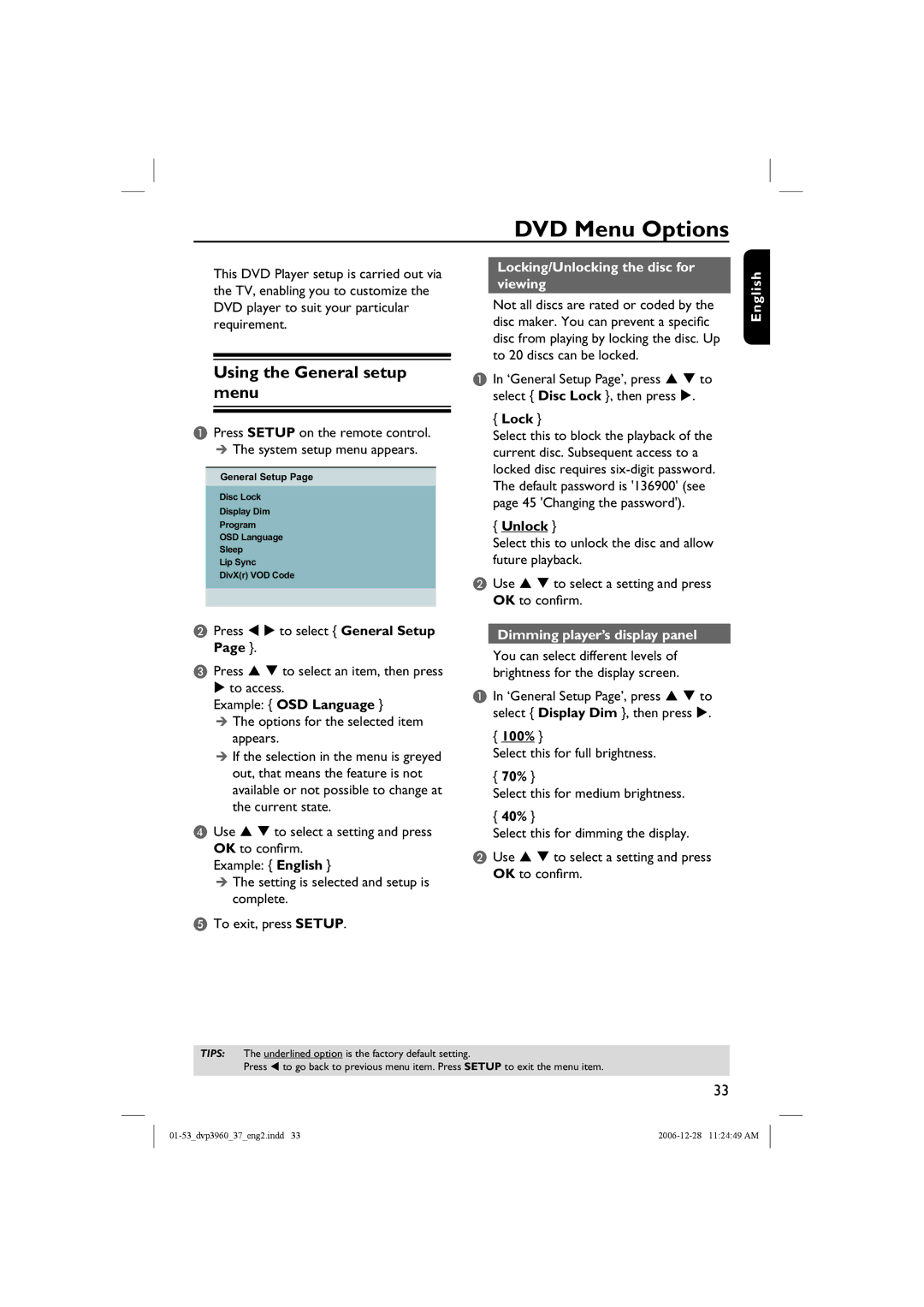 Philips DVP3960 manual DVD Menu Options, Using the General setup menu, Locking/Unlocking the disc for viewing 