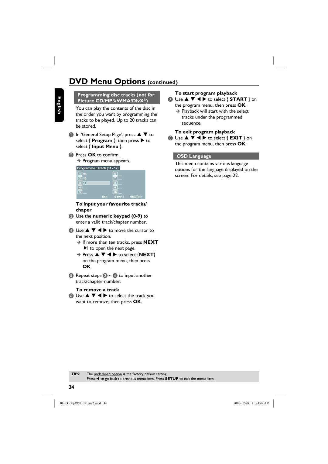 Philips DVP3960 manual To input your favourite tracks/ chaper, To remove a track To start program playback, OSD Language 