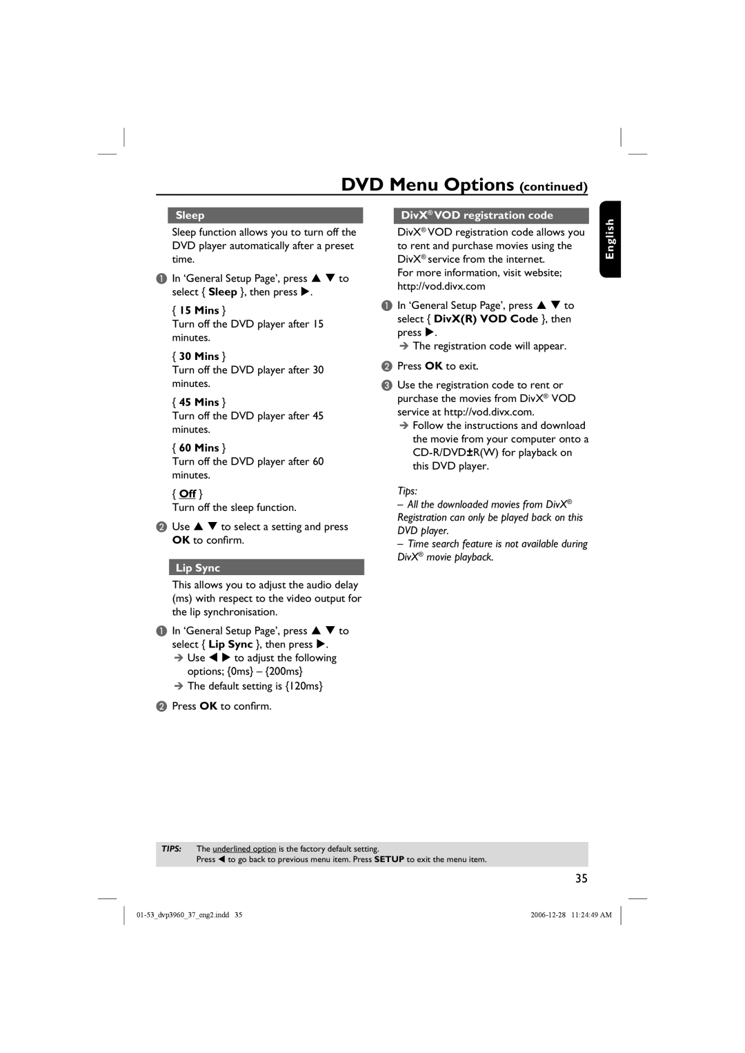 Philips DVP3960 manual Sleep DivX VOD registration code, Mins, Off, Lip Sync 