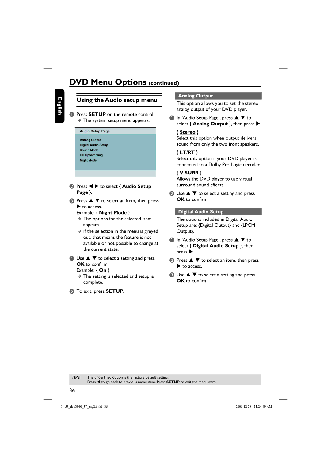 Philips DVP3960 manual Using the Audio setup menu, Analog Output, Digital Audio Setup 