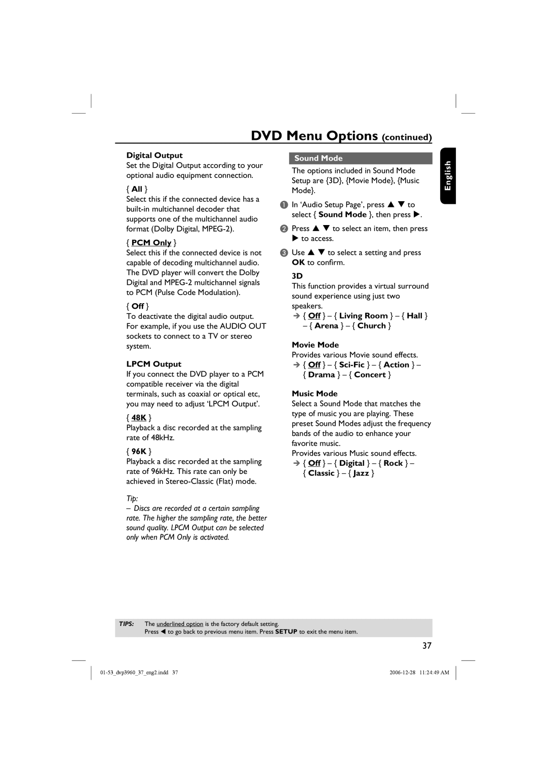 Philips DVP3960 manual Sound Mode 