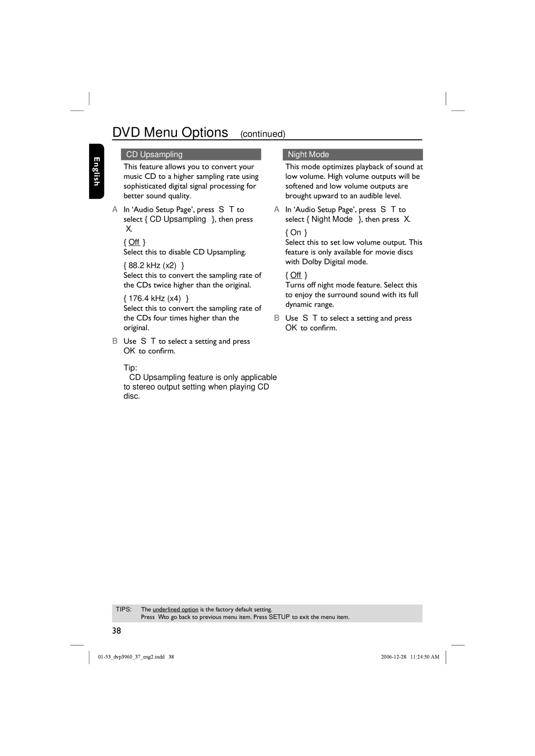 Philips DVP3960 manual CD Upsampling Night Mode English, Select this to disable CD Upsampling, 88.2 kHz, 176.4 kHz 