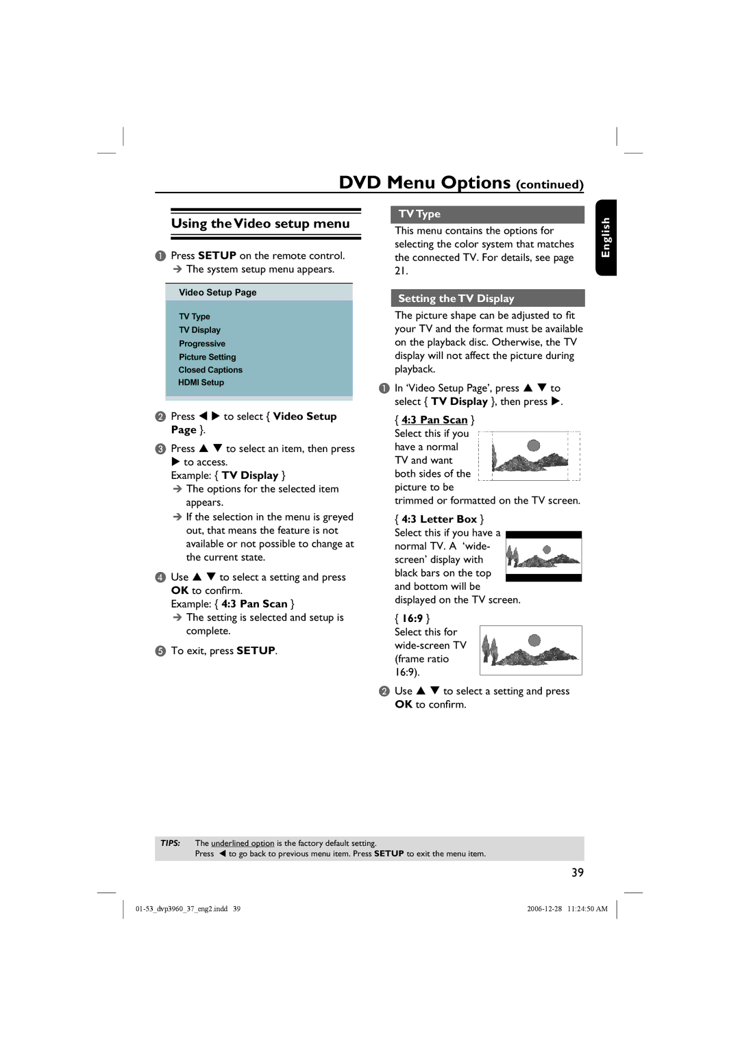 Philips DVP3960 manual Using the Video setup menu, Example 43 Pan Scan, TV Type, Setting the TV Display, Letter Box 