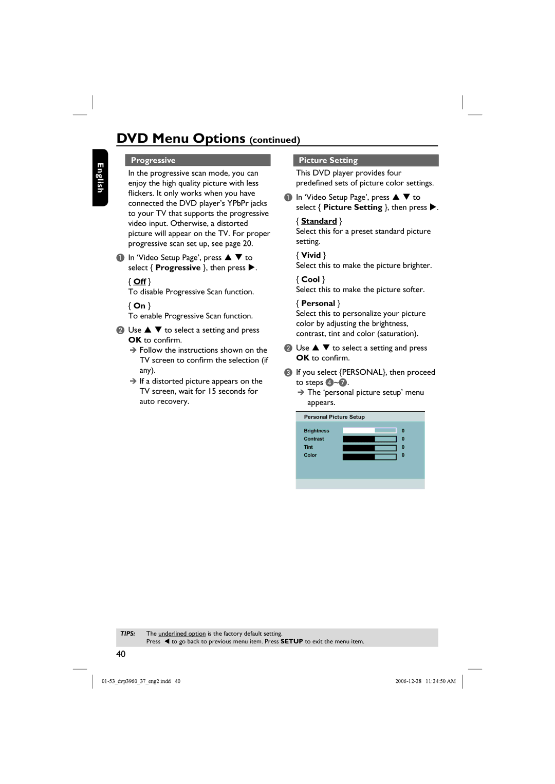 Philips DVP3960 manual English Progressive, Picture Setting 