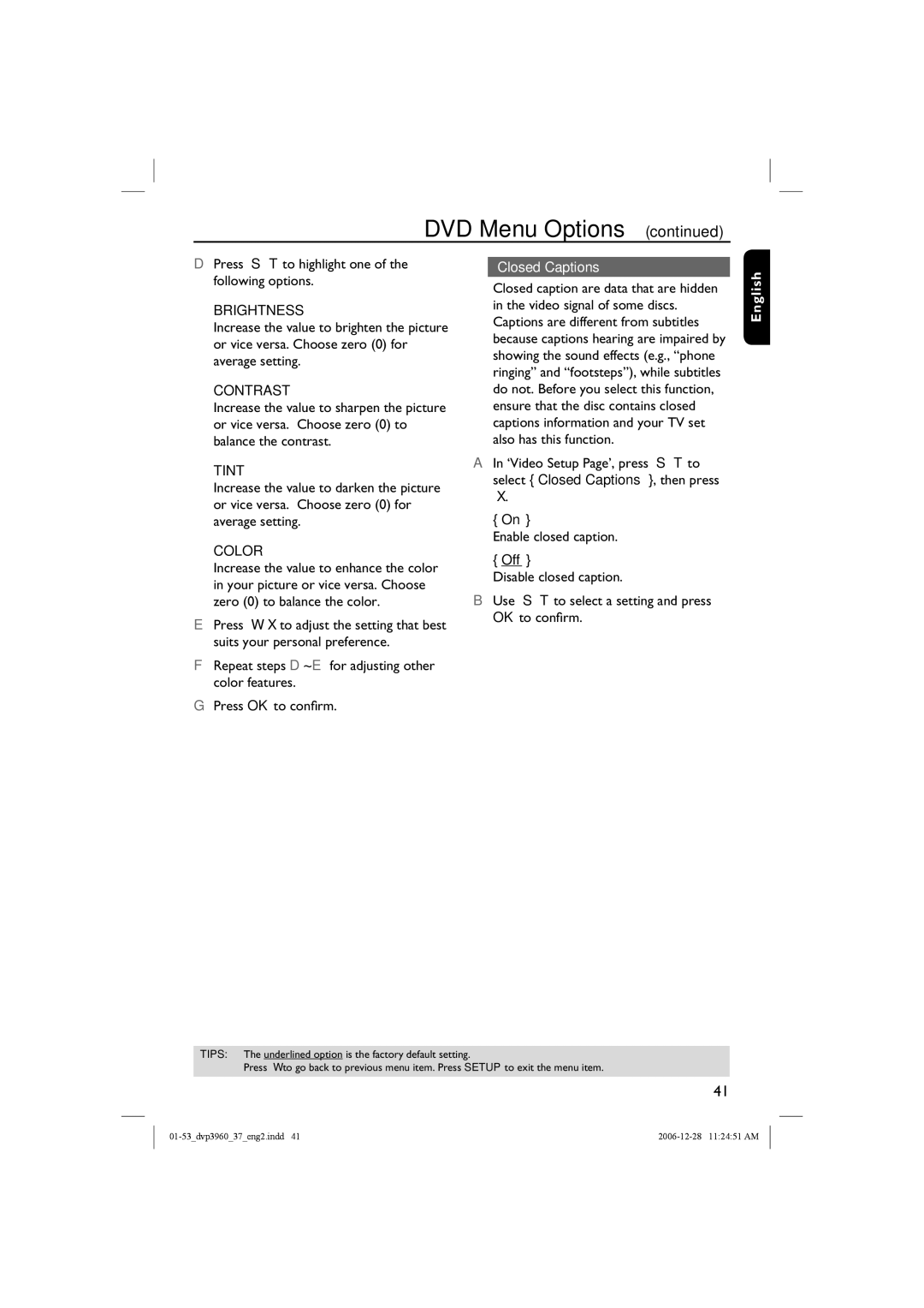 Philips DVP3960 manual Press S T to highlight one of the following options, Closed Captions 