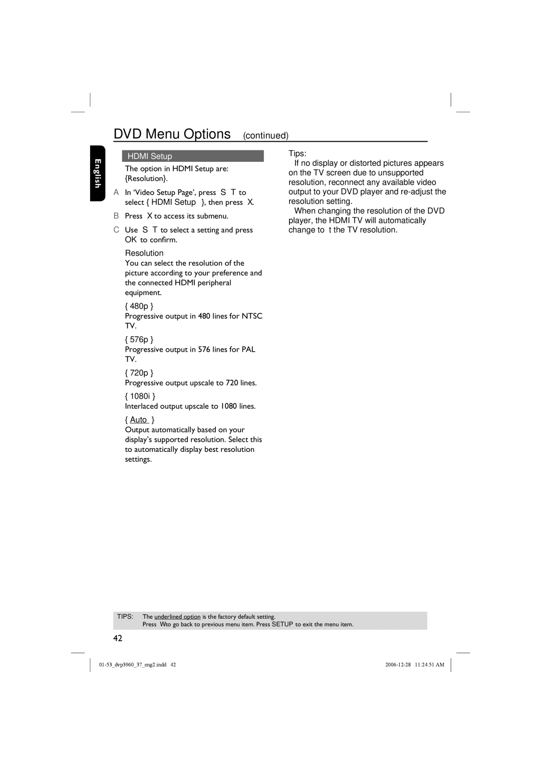 Philips DVP3960 manual English Hdmi Setup 