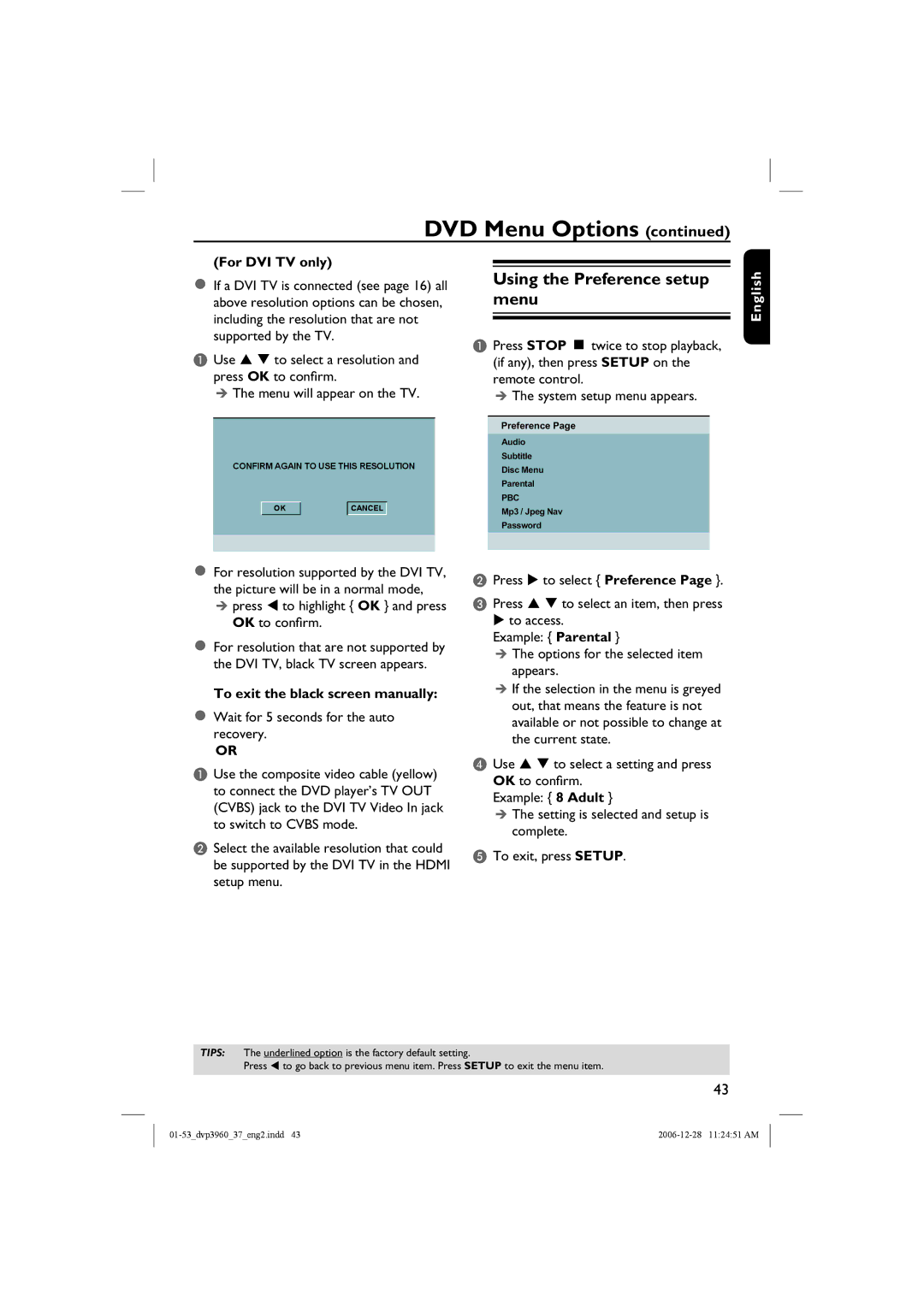 Philips DVP3960 manual Using the Preference setup menu, For DVI TV only, Press W to highlight OK and press OK to confirm 