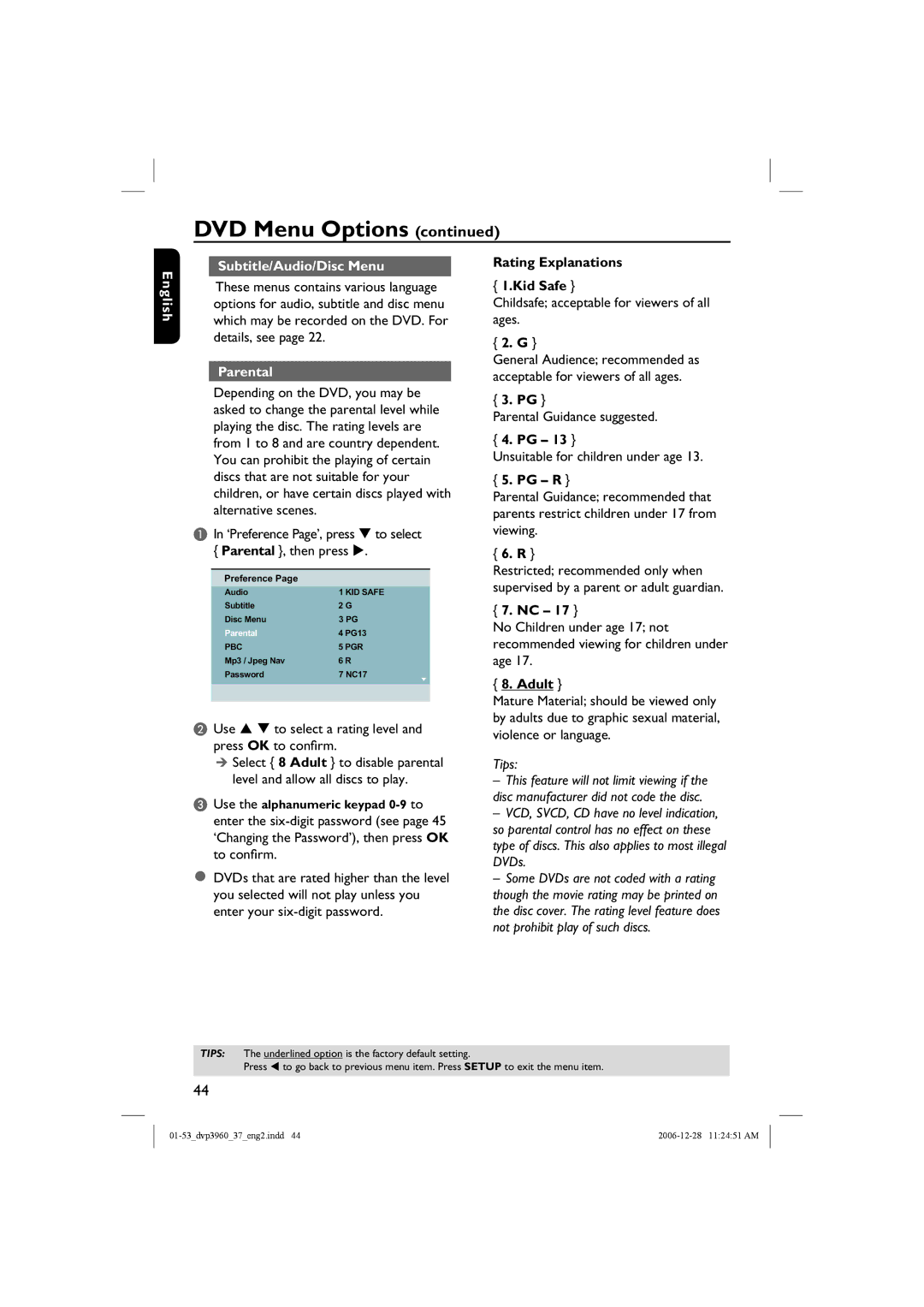 Philips DVP3960 manual English Subtitle/Audio/Disc Menu, Parental, Rating Explanations Kid Safe, Pg R, Adult 