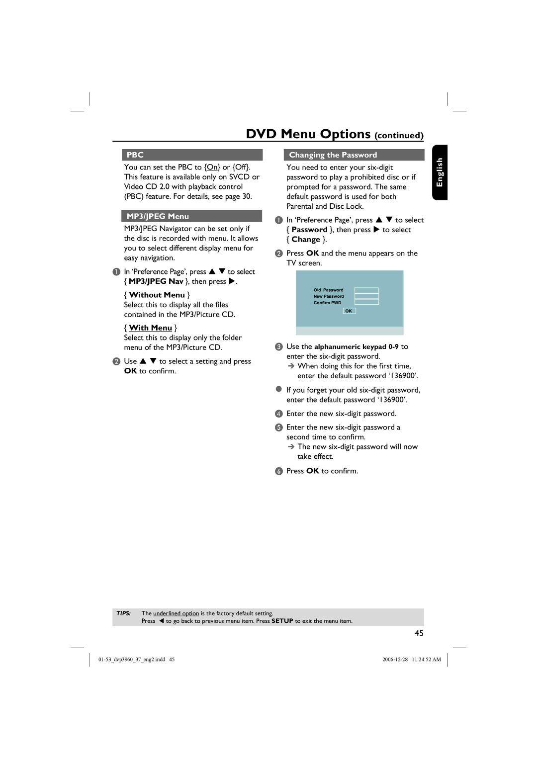 Philips DVP3960 manual Changing the Password, MP3/JPEG Menu, Without Menu, With Menu, Change 