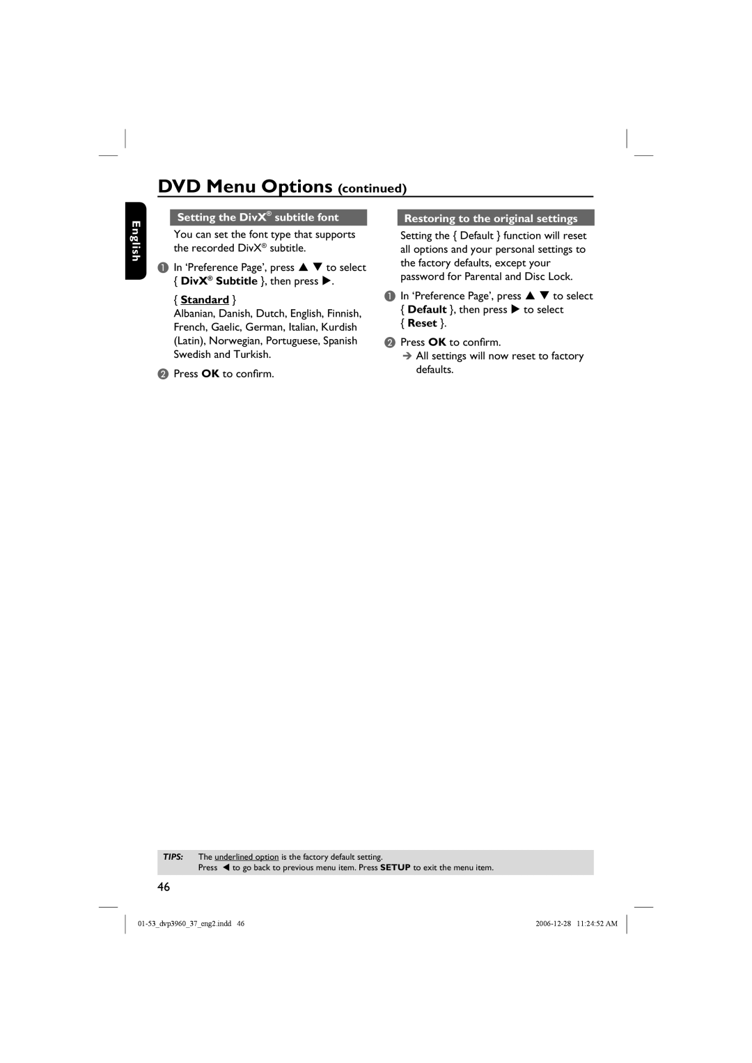 Philips DVP3960 manual DivX Subtitle , then press, Reset 