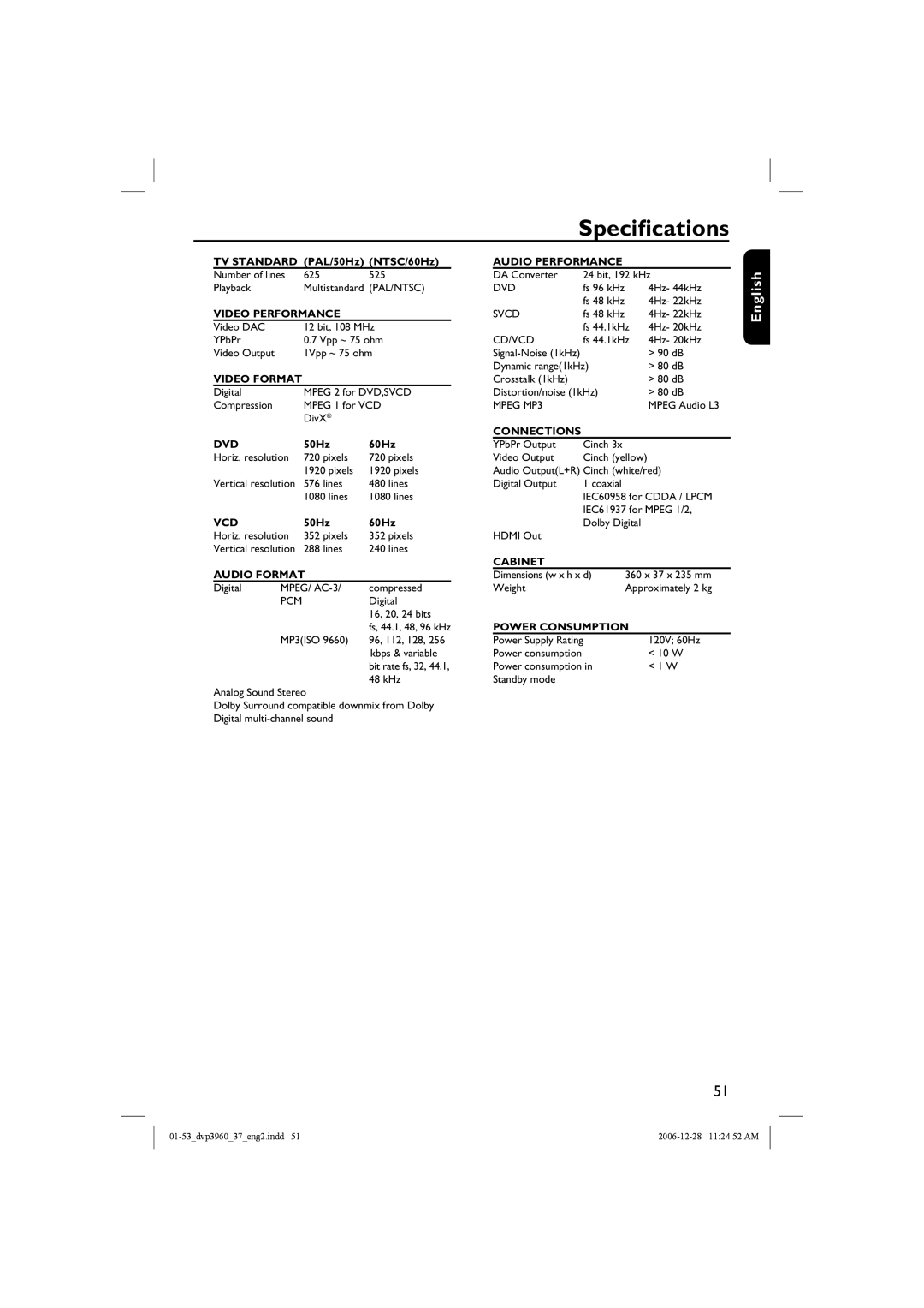 Philips DVP3960 manual Specifications, Audio Format 