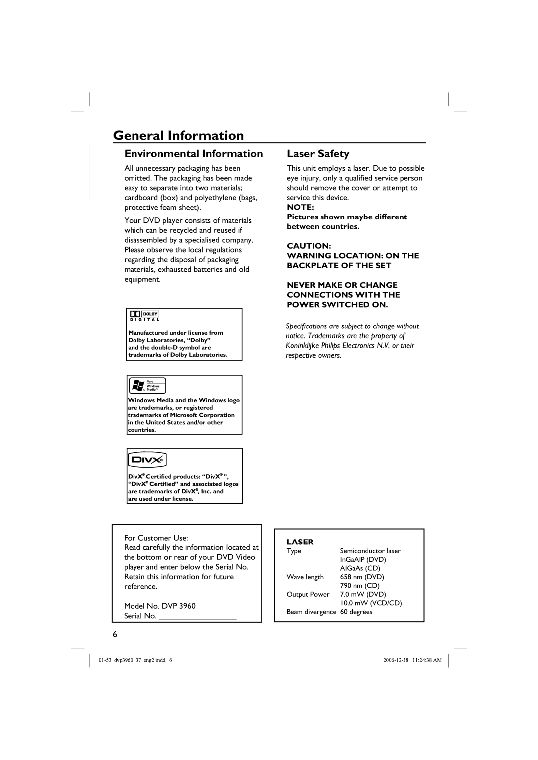 Philips DVP3960 manual General Information, Pictures shown maybe different between countries, For Customer Use 