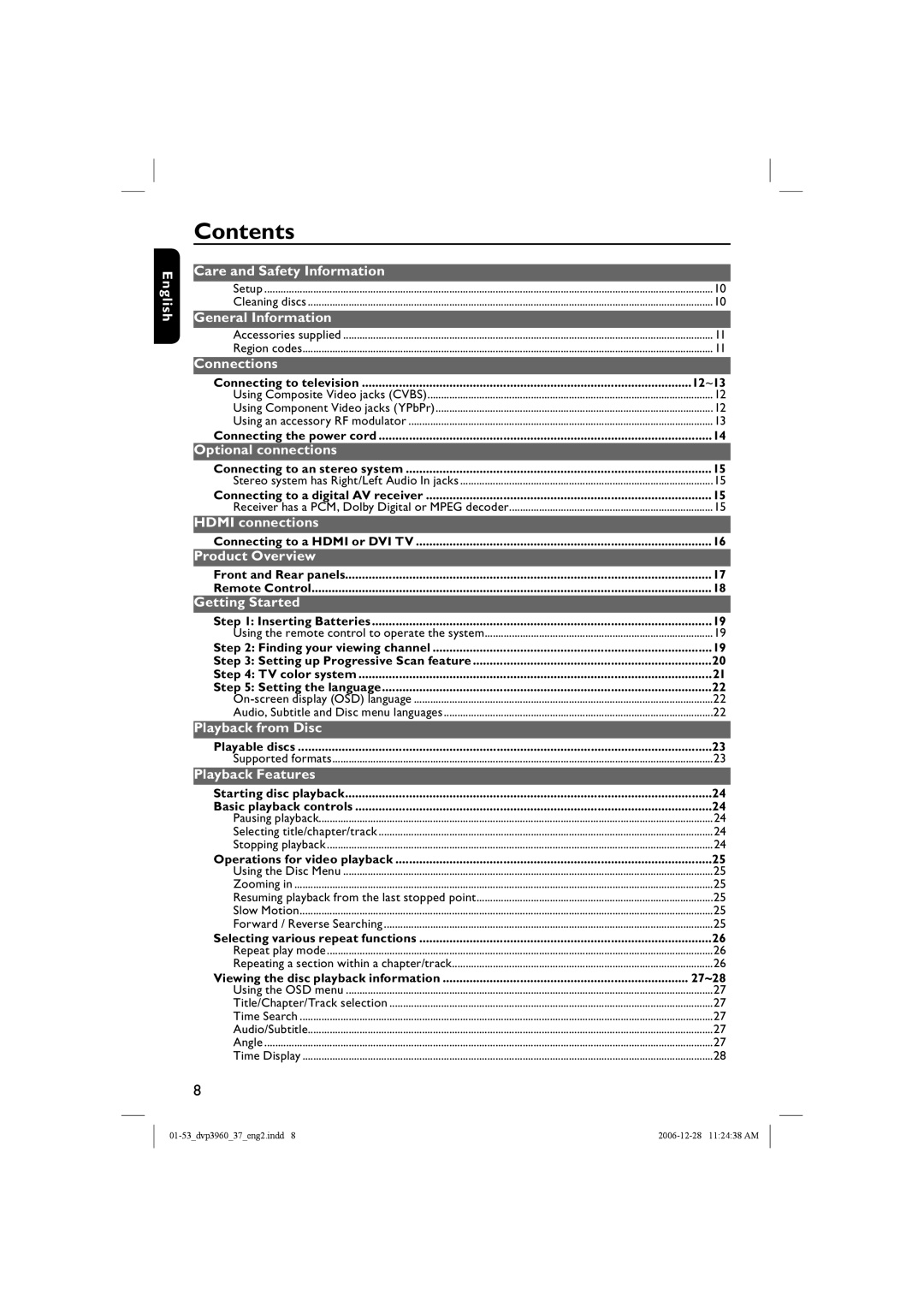 Philips DVP3960 manual Contents 