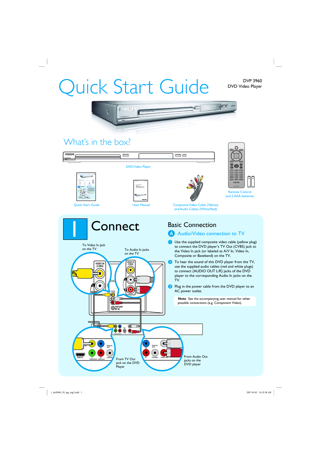 Philips DVP3960/93 quick start Connect, Audio/Video connection to TV 