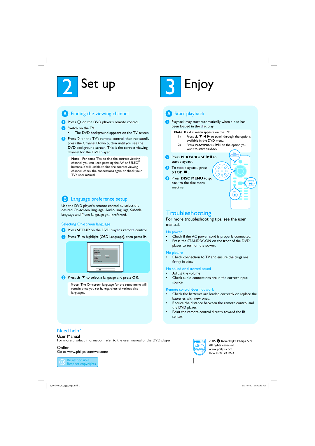 Philips DVP3960/93 Set up Enjoy, Finding the viewing channel, Language preference setup, Start playback, Need help? 