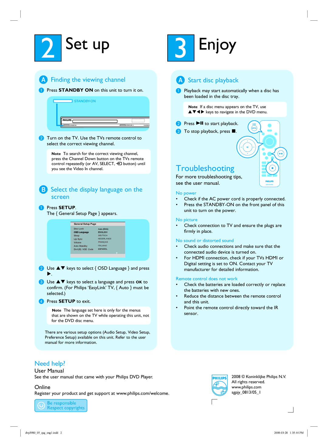 Philips DVP3980/05 quick start Set up Enjoy, Troubleshooting 