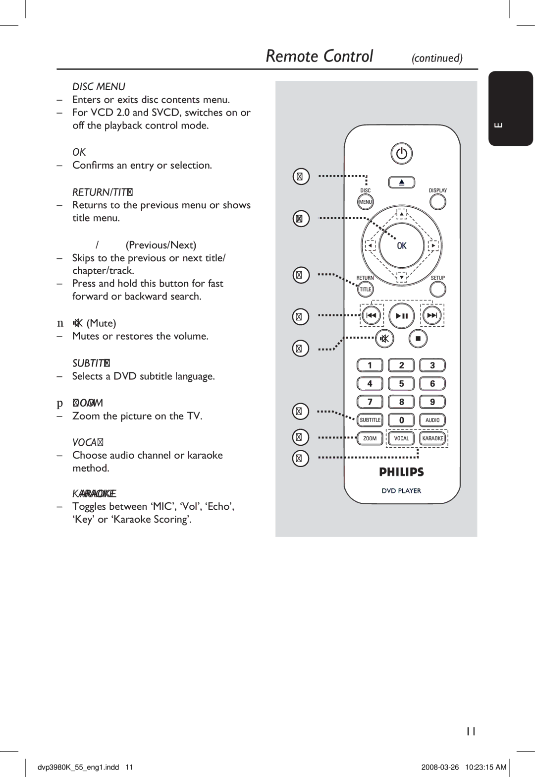 Philips DVP3980K/55 manual Or selection, Returns to the previous menu or shows, Mute Mutes or restores the volume 