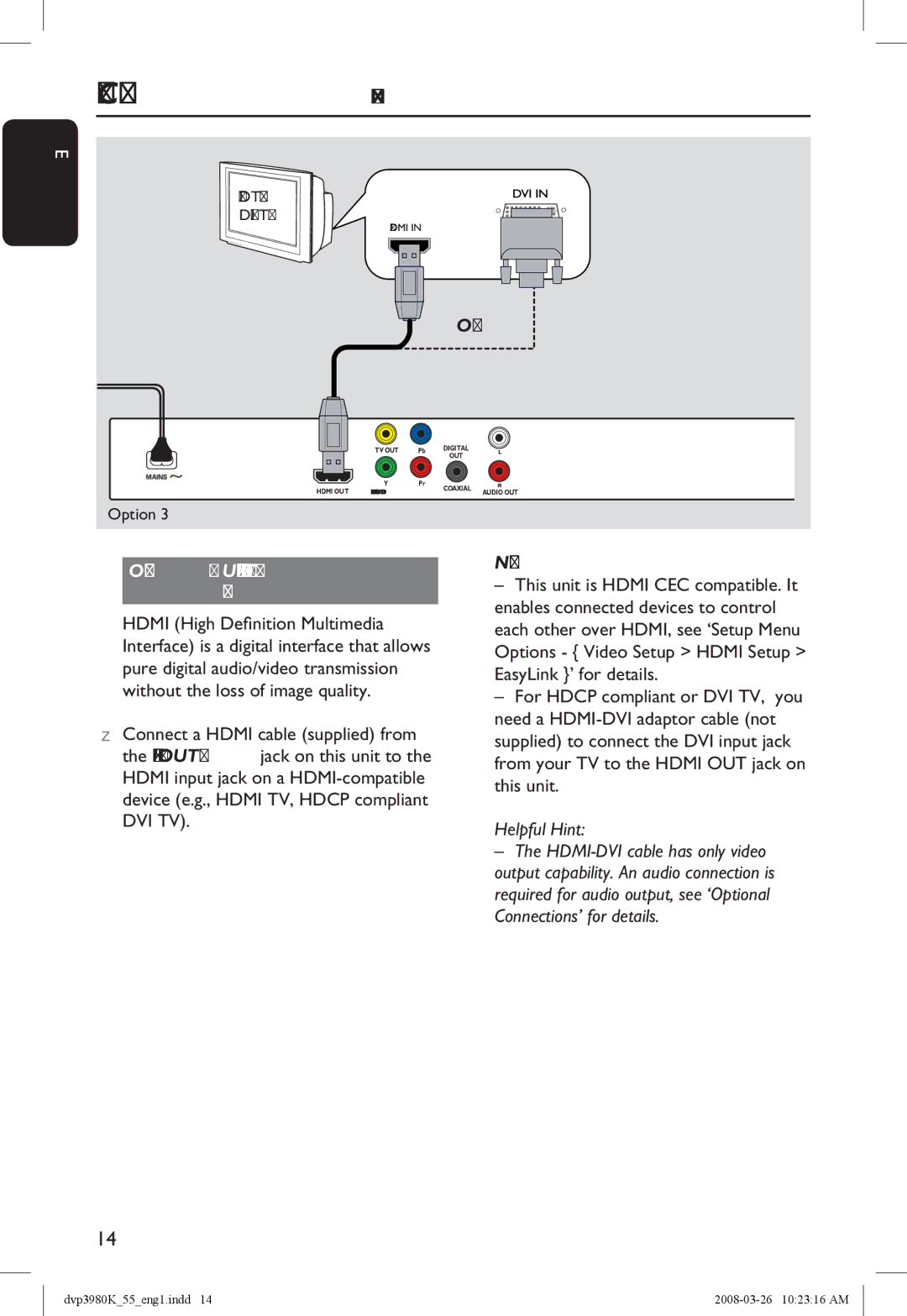 Philips DVP3980K/55 manual Option 3 Using Hdmi or DVI TV jack, Helpful Hint 