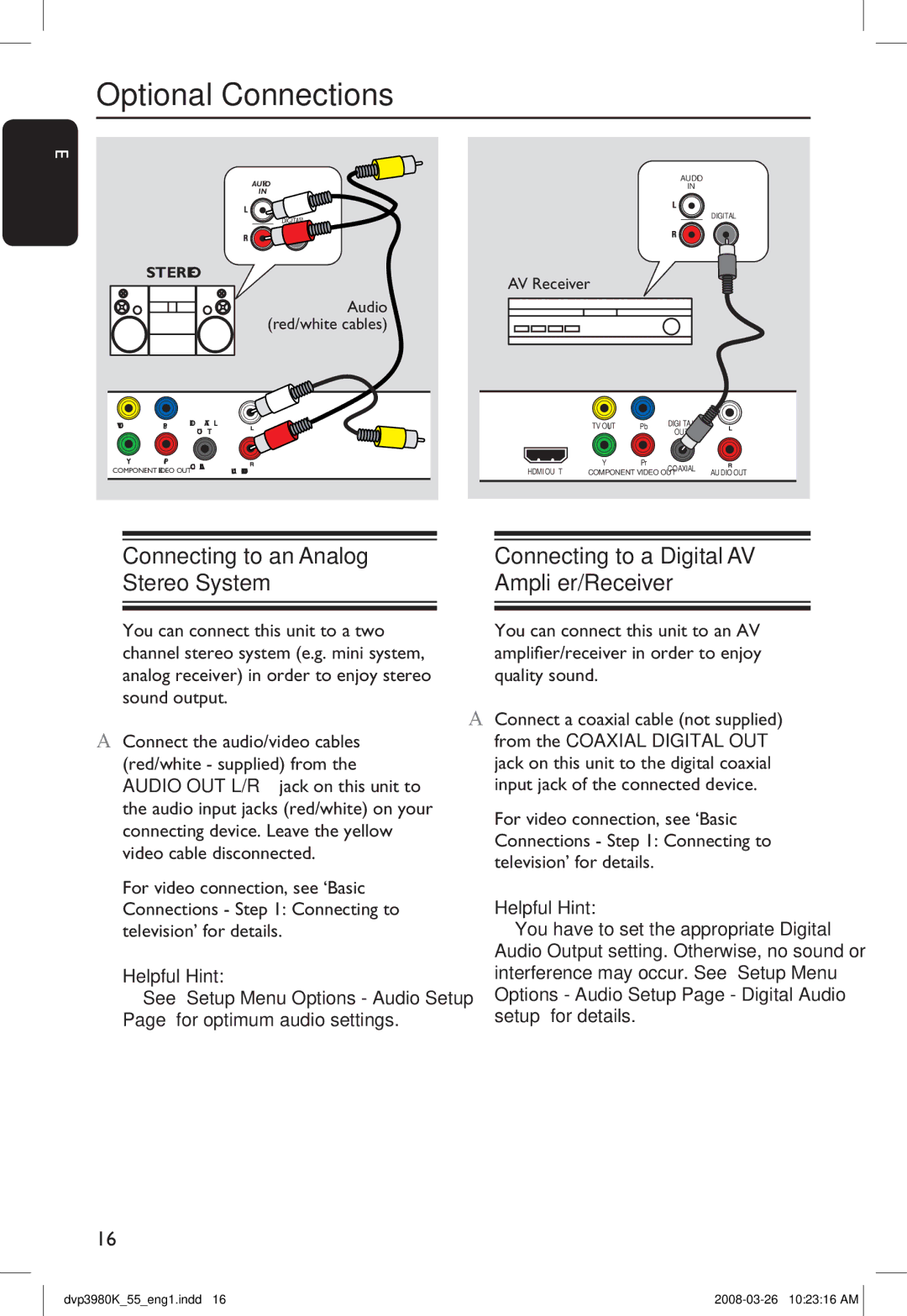 Philips DVP3980K/55 manual Optional Connections, Connecting to an Analog Stereo System 