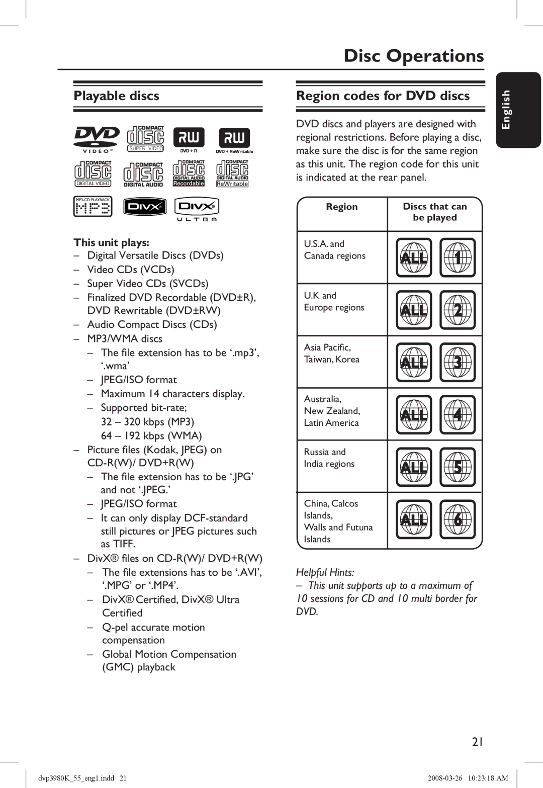 Philips DVP3980K/55 manual Disc Operations, Playable discs Region codes for DVD discs, This unit plays 