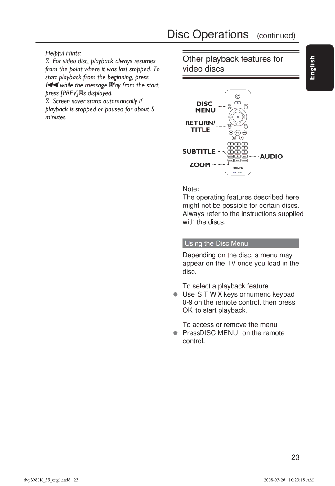 Philips DVP3980K/55 manual Other playback features for video discs, Using the Disc Menu, To select a playback feature 