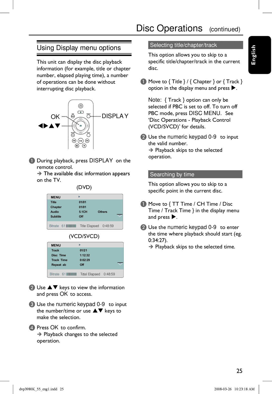 Philips DVP3980K/55 Selecting title/chapter/track,  The available disc information appears on the TV, Searching by time 