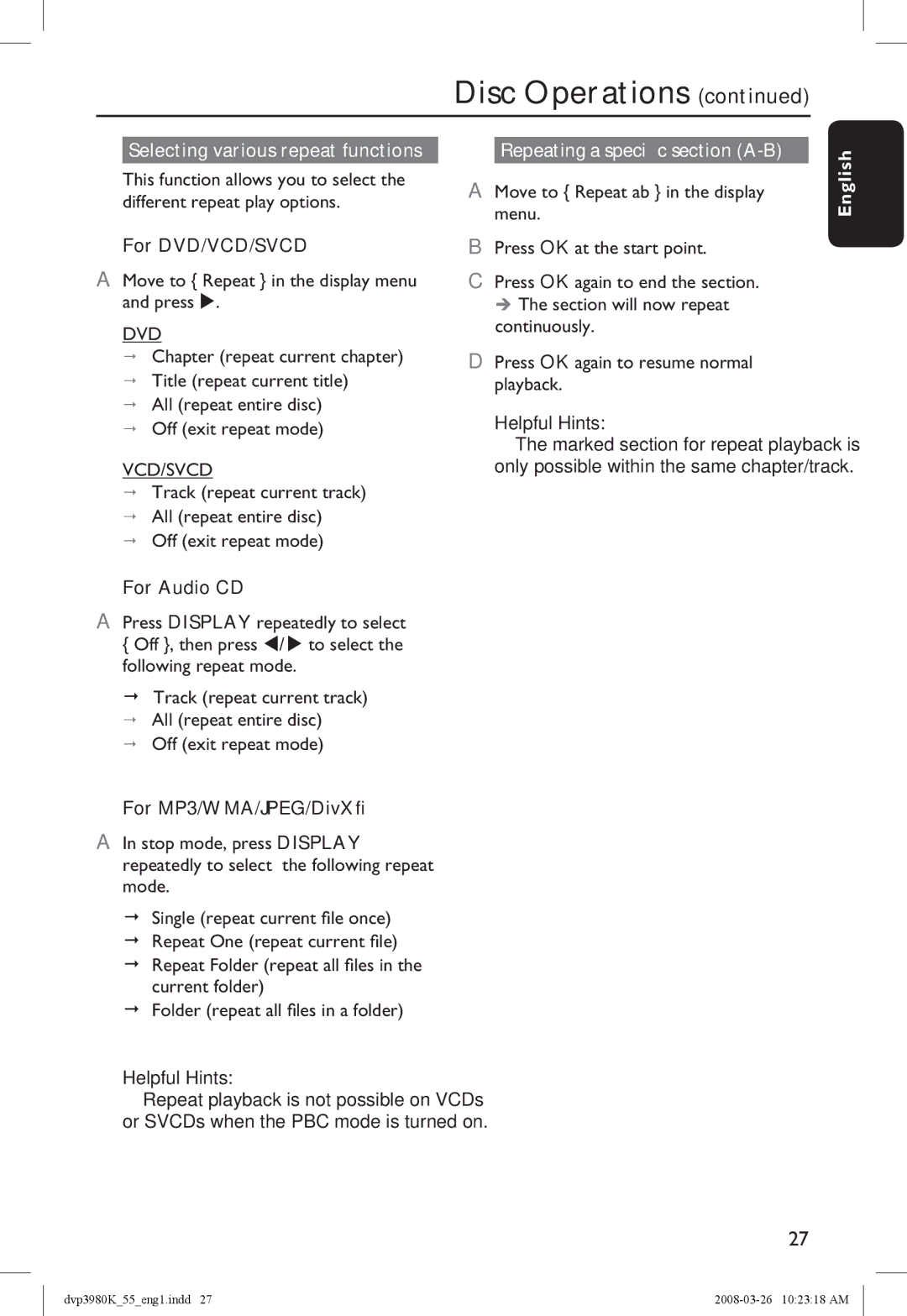 Philips DVP3980K/55 Selecting various repeat functions, For DVD/VCD/SVCD, For Audio CD, Repeating a specific section A-B 