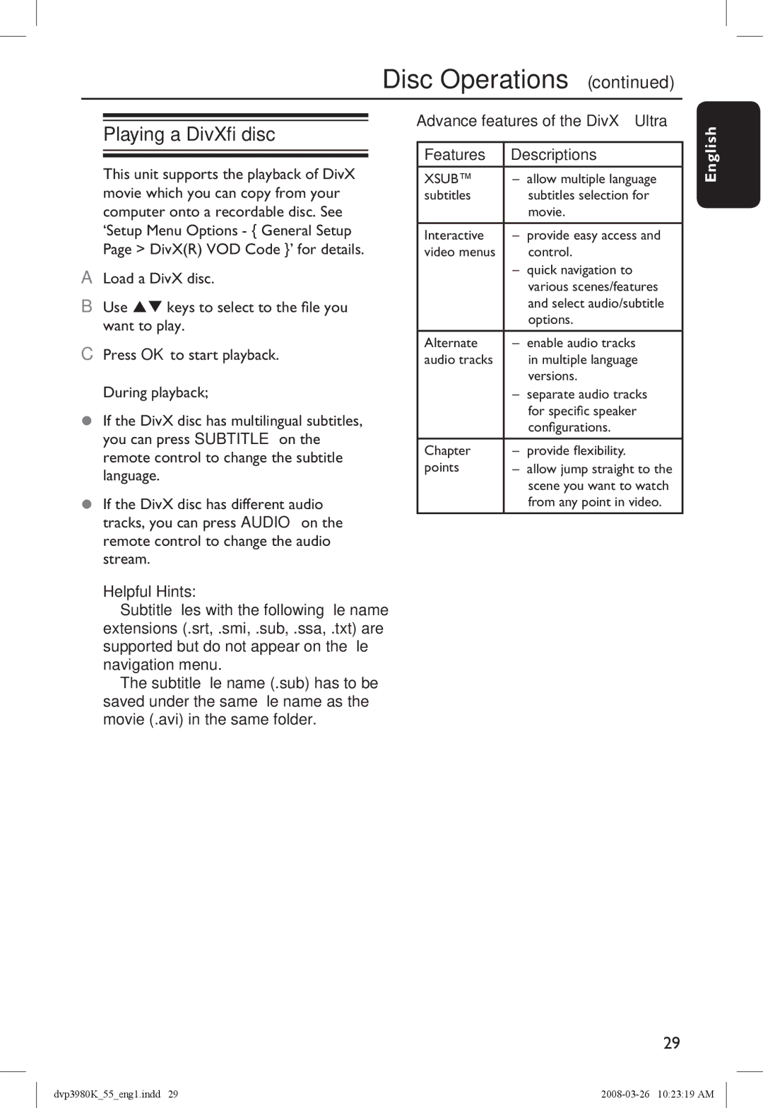 Philips DVP3980K/55 manual Playing a DivX disc, Advance features of the DivX Ultra, Features Descriptions 