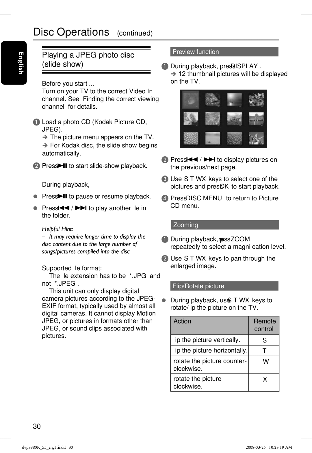 Philips DVP3980K/55 Playing a Jpeg photo disc slide show, Supported file format, Preview function, Flip/Rotate picture 