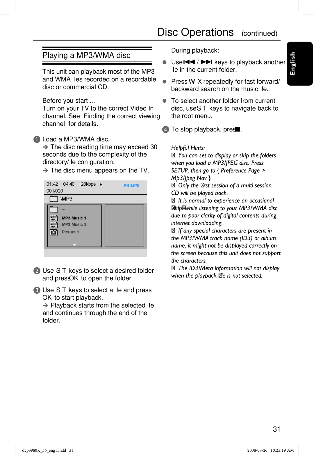 Philips DVP3980K/55 manual Playing a MP3/WMA disc,  The disc menu appears on the TV 