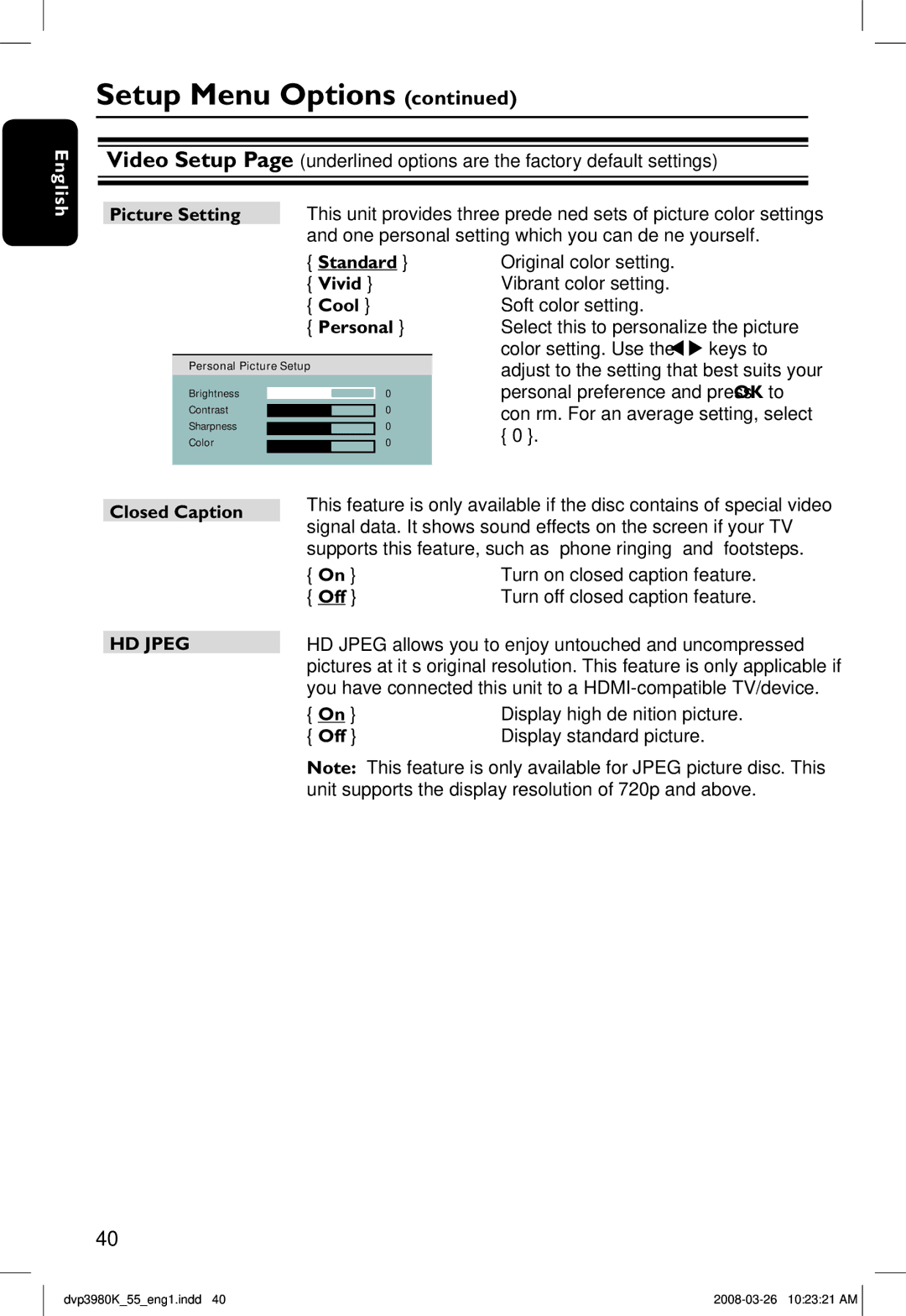 Philips DVP3980K/55 manual Standard Vivid Cool Personal, Closed Caption, Display standard picture 