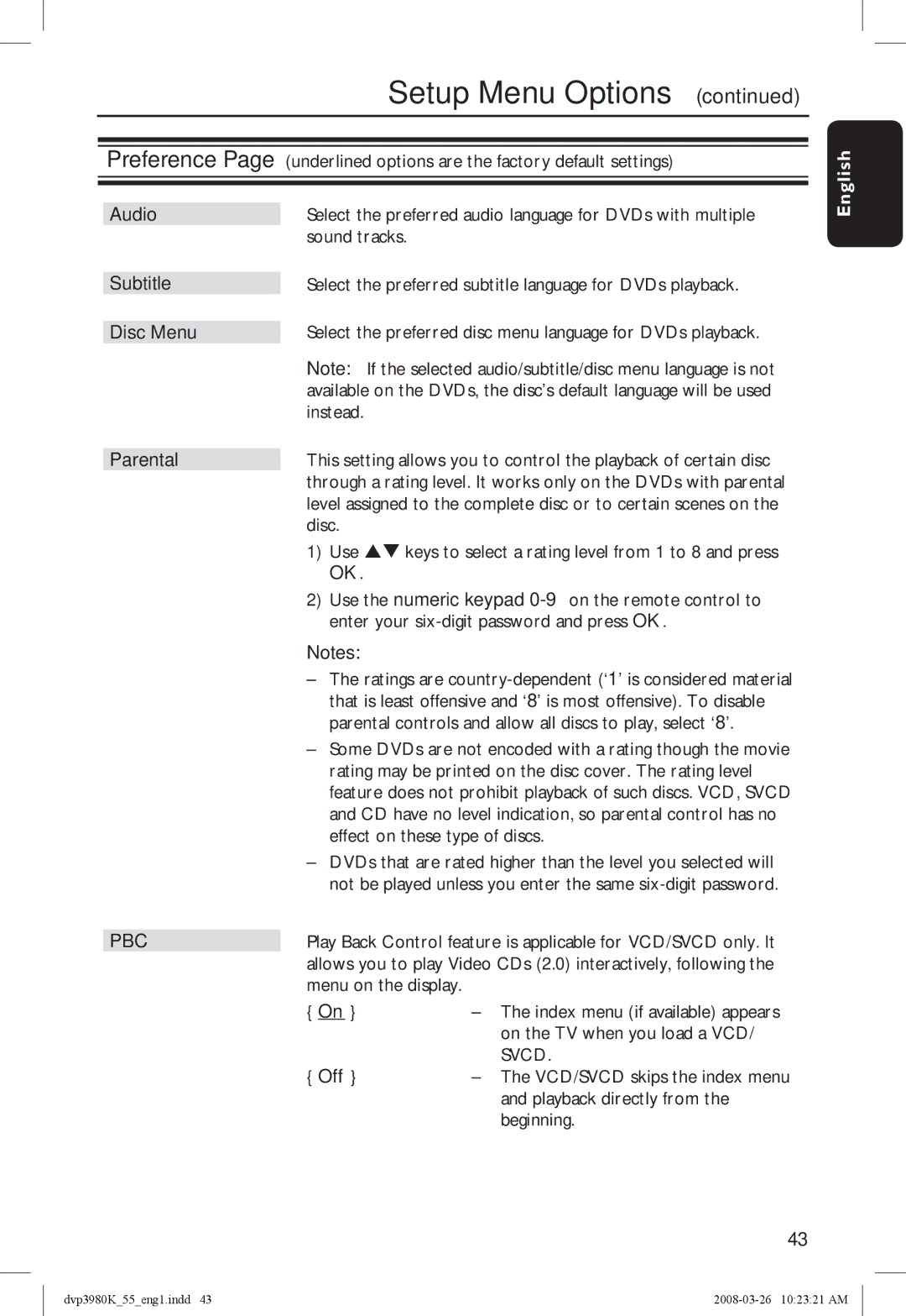 Philips DVP3980K/55 manual Parental 