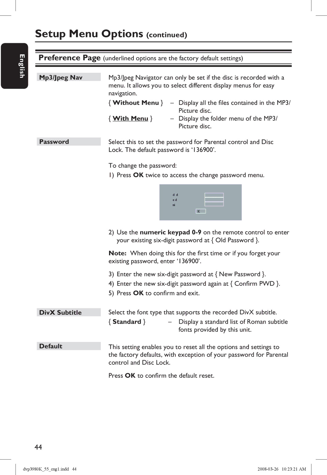 Philips DVP3980K/55 manual Mp3/Jpeg Nav, Without Menu, With Menu, Password, DivX Subtitle Default, Standard 