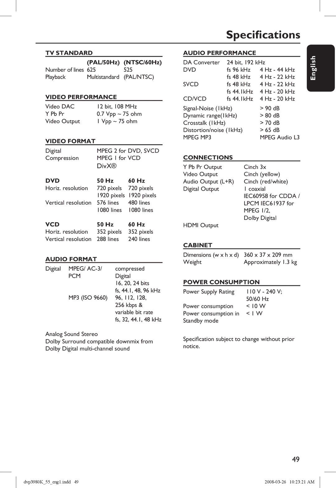 Philips DVP3980K/55 manual Specifications, DivX 