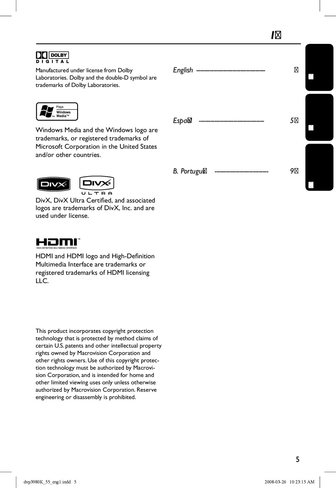 Philips DVP3980K/55 manual Index, Português Español English 