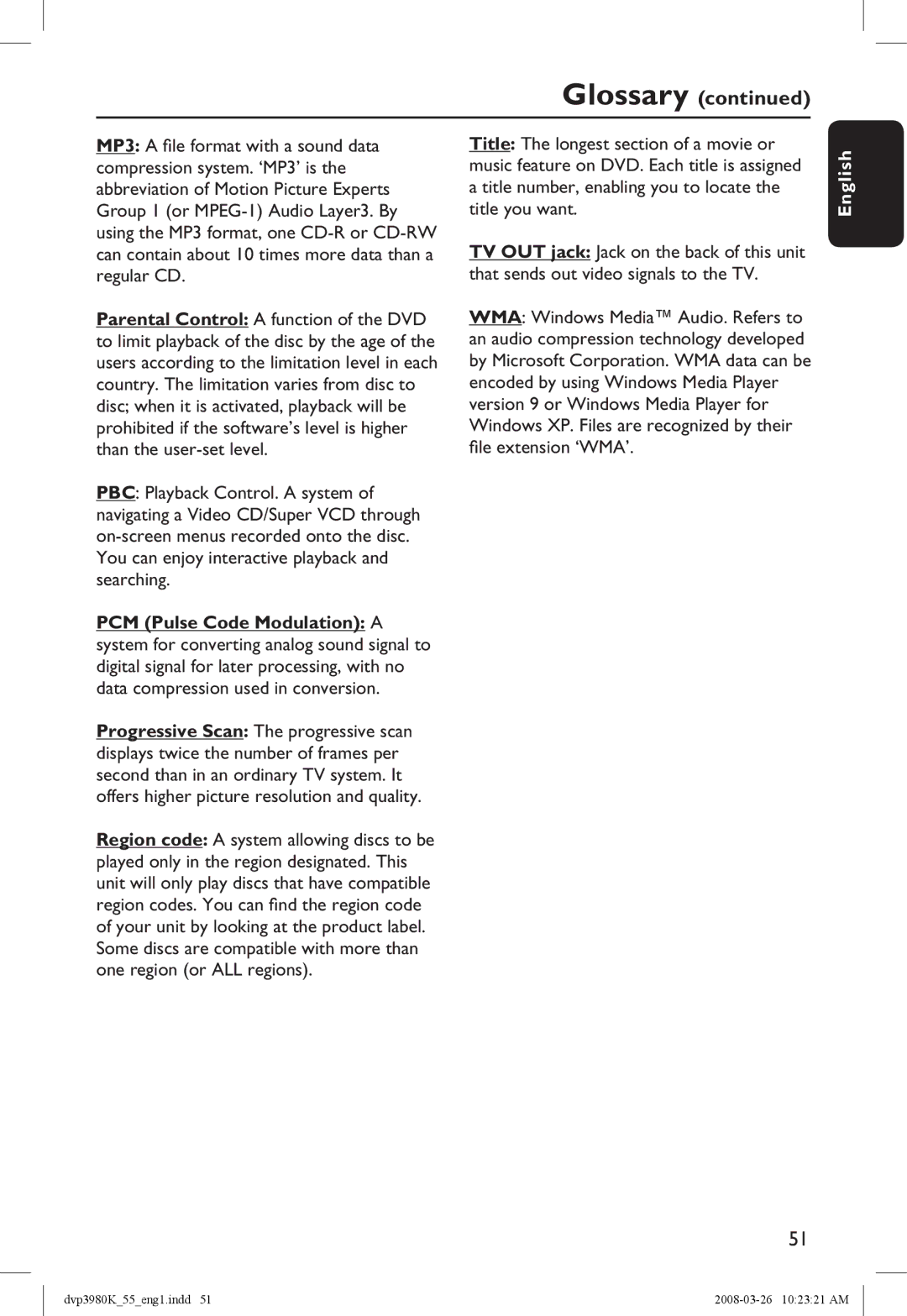 Philips DVP3980K/55 manual Glossary 