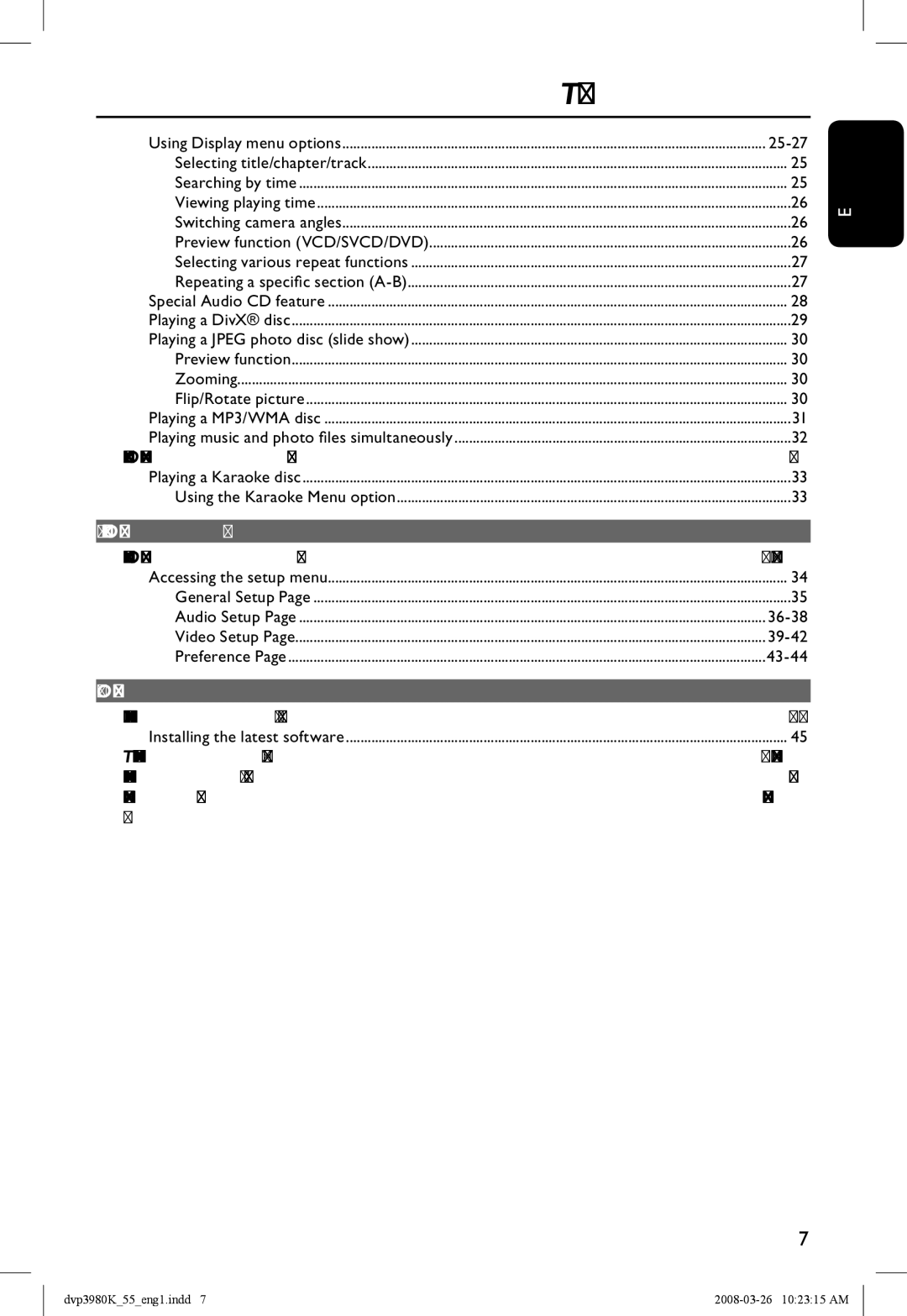 Philips DVP3980K/55 manual Table of contents 