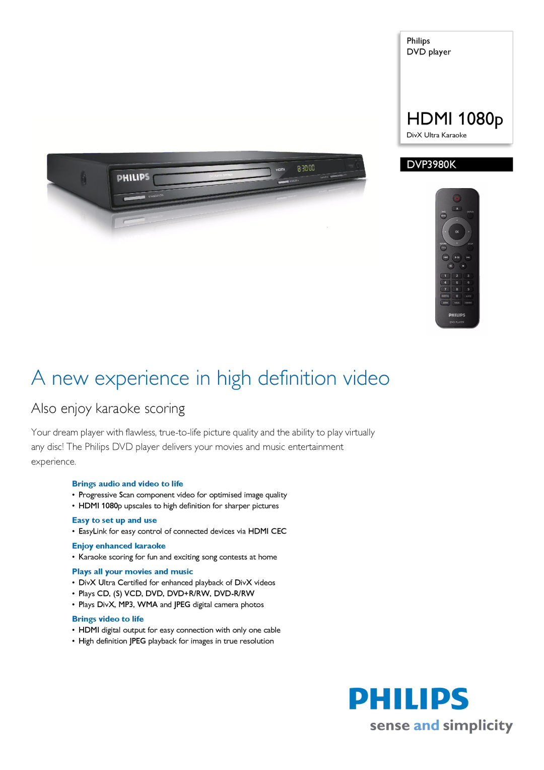 Philips DVP3980K/98 manual Brings audio and video to life, Easy to set up and use, Enjoy enhanced karaoke 