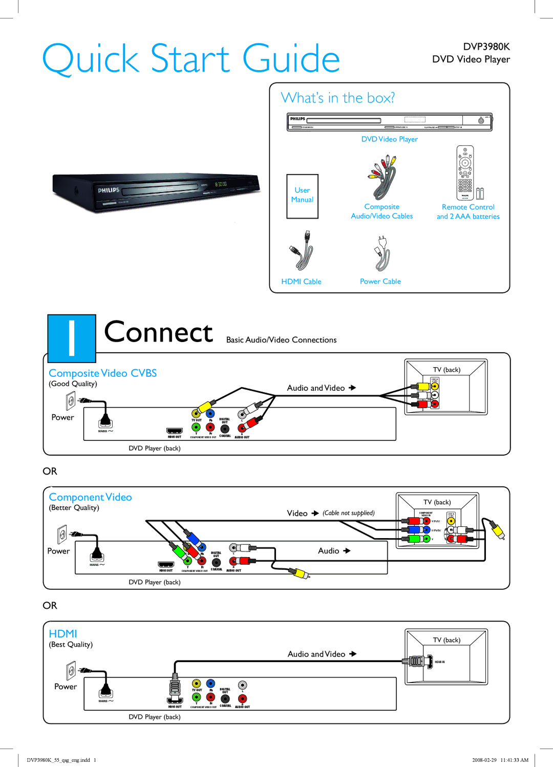 Philips DVP3980KX/78 quick start What’s in the box?, Composite Video Cvbs, Component Video 