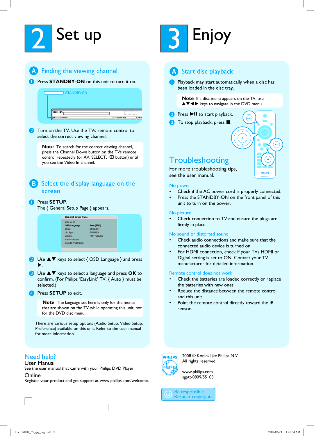 Philips DVP3980KX/78 quick start Set up, Enjoy, Troubleshooting 