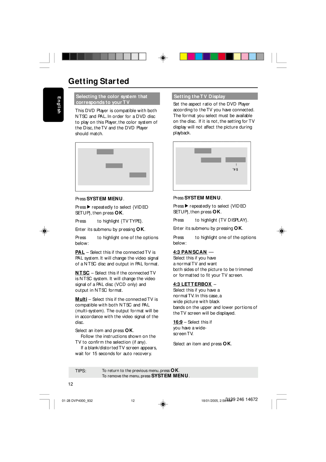 Philips DVP4000 Selecting the color system that corresponds to your TV, Setting the TV Display, Press System Menu 