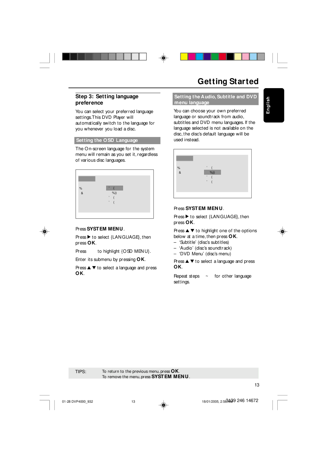 Philips DVP4000 Setting language preference, Setting the OSD Language, Setting the Audio, Subtitle and DVD menu language 