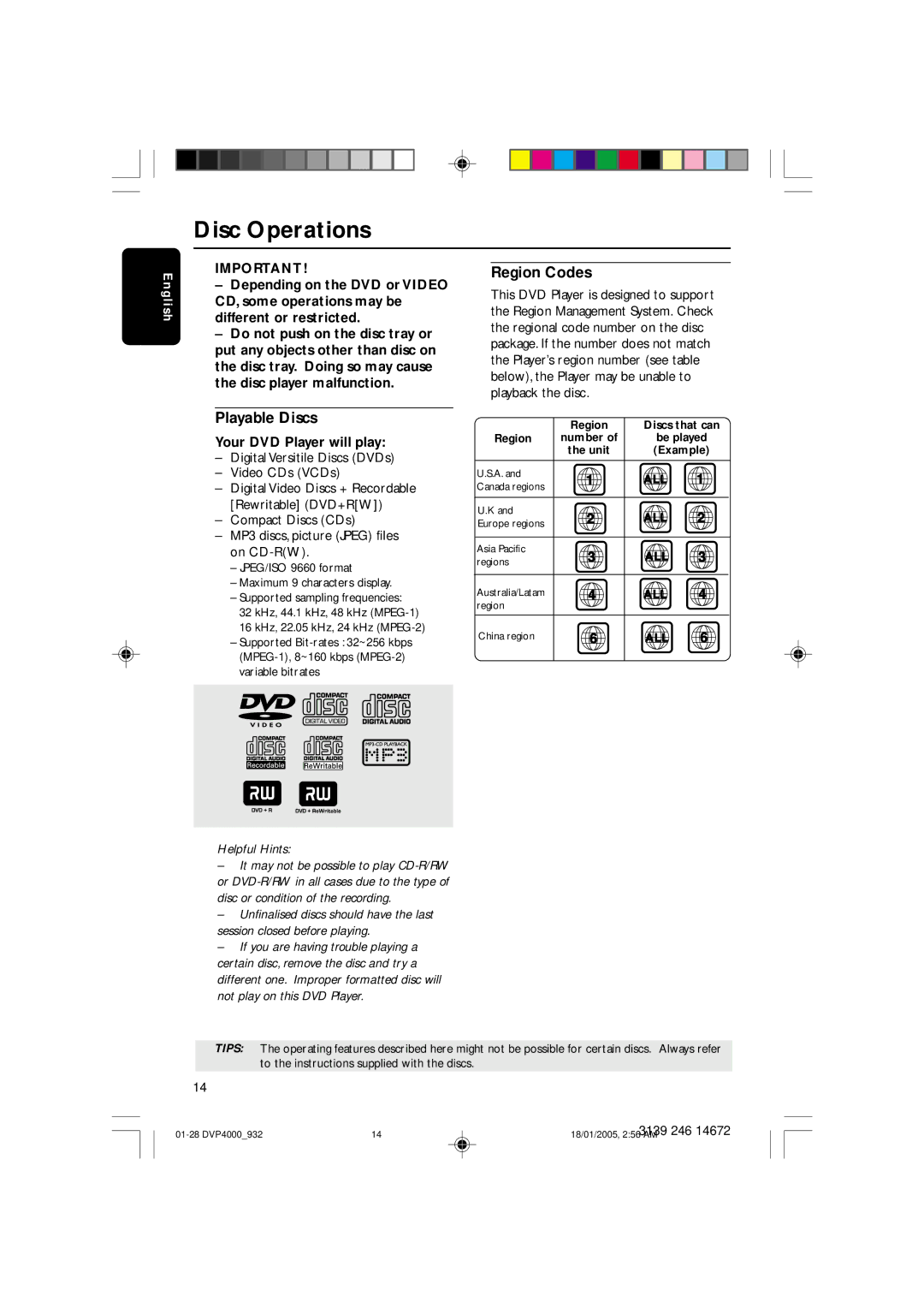 Philips DVP4000 user manual Disc Operations, Playable Discs, Region Codes, Your DVD Player will play 