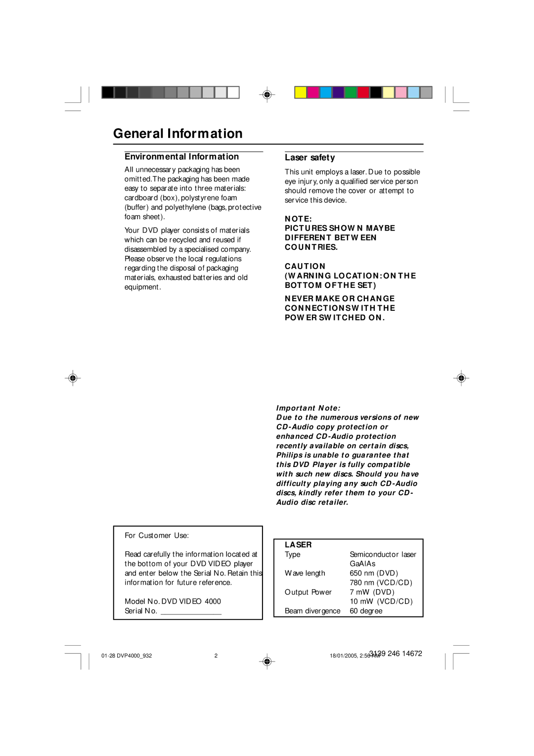 Philips DVP4000 user manual General Information, Environmental Information, Laser safety 