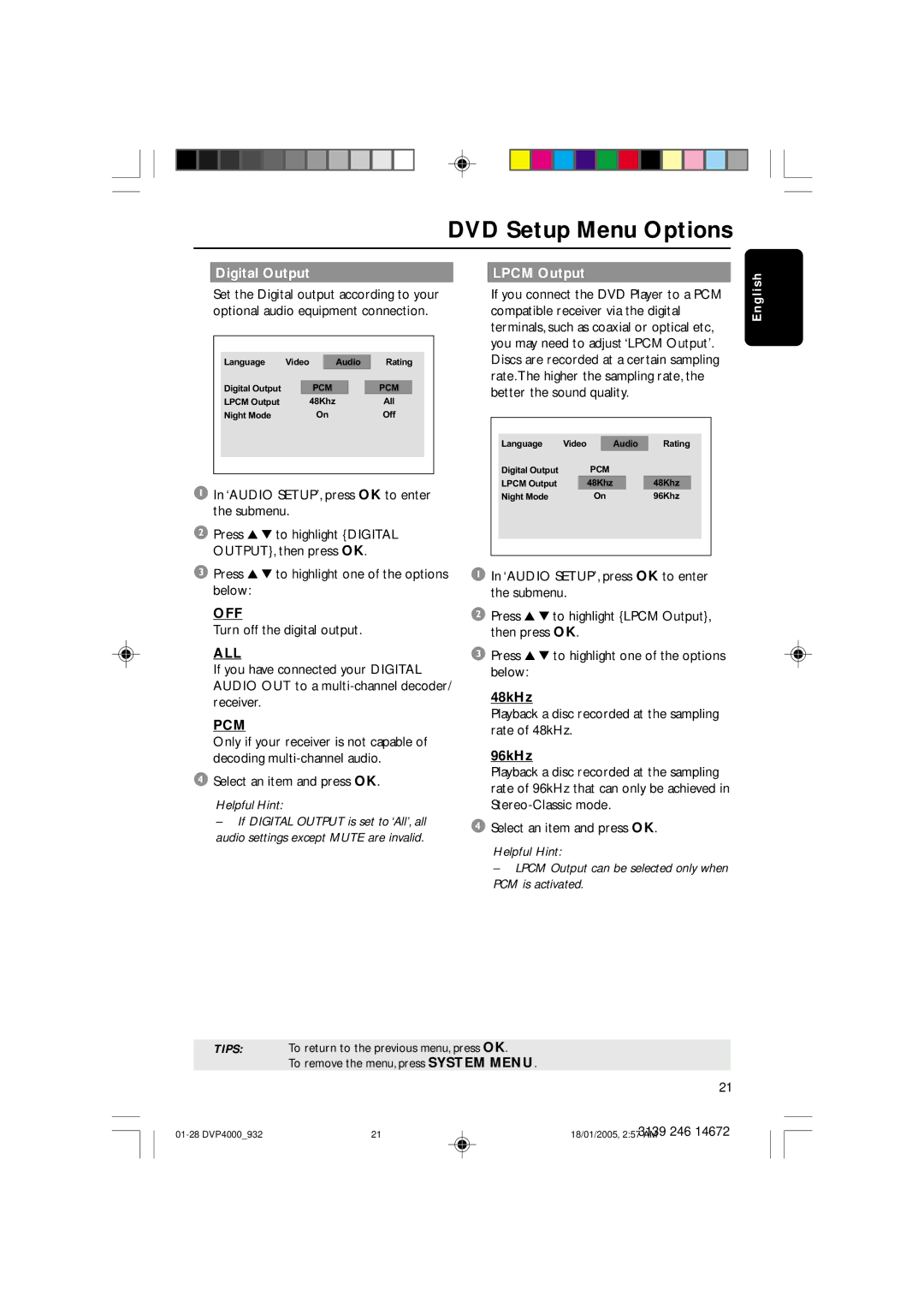 Philips DVP4000 user manual Digital Output, All, Pcm, Lpcm Output 